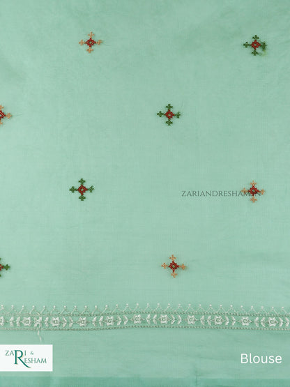 Pure Organza Silk Saree with CrossStitch Border Embroidery Work - Sea Green