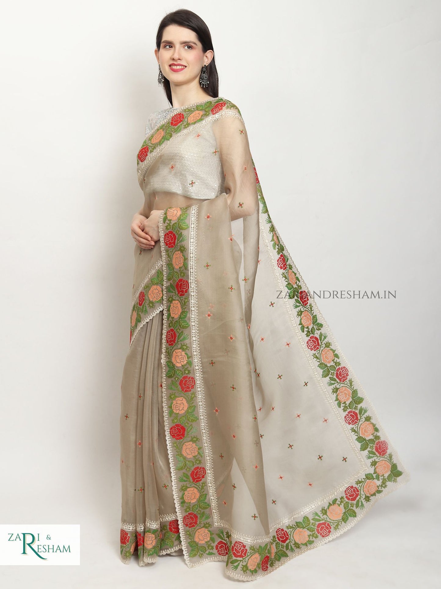 Pure Organza Silk Saree with CrossStitch Border Embroidery Work - Mouse Grey