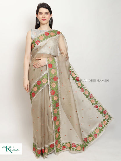 Pure Organza Silk Saree with CrossStitch Border Embroidery Work - Mouse Grey