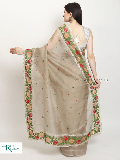 Pure Organza Silk Saree with CrossStitch Border Embroidery Work - Mouse Grey