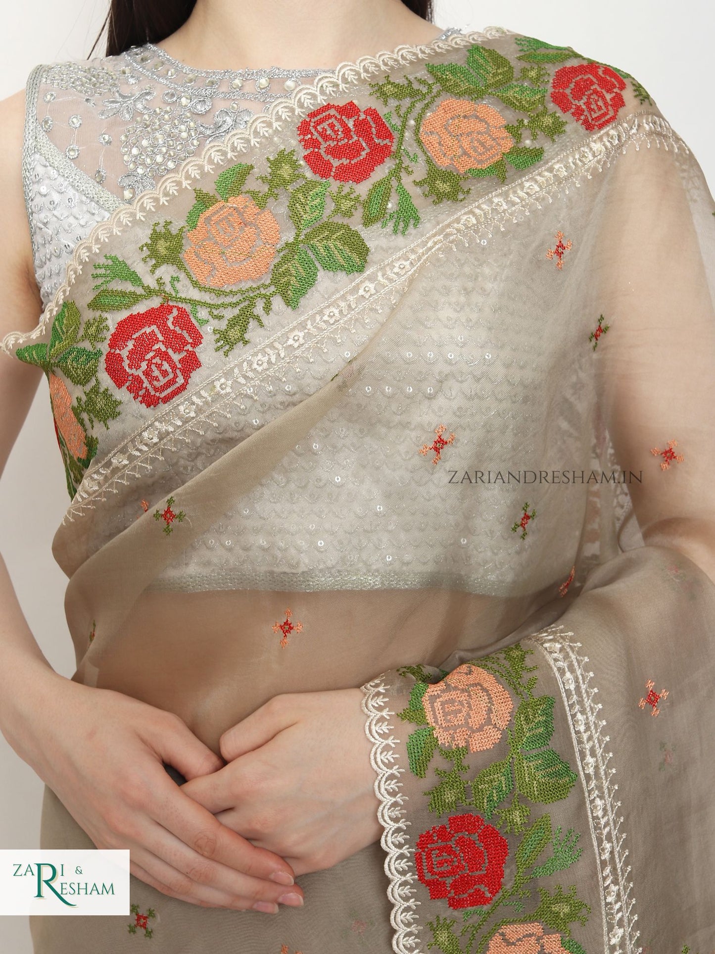 Pure Organza Silk Saree with CrossStitch Border Embroidery Work - Mouse Grey