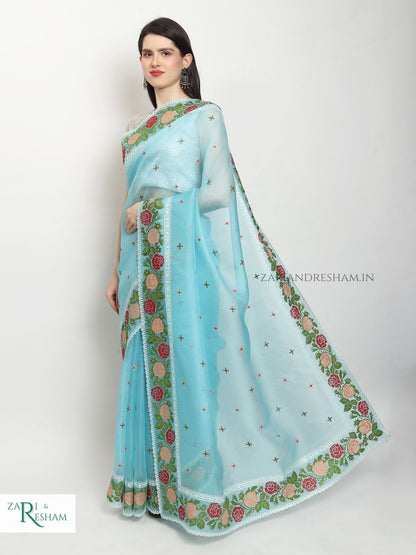 Pure Organza Silk Saree with CrossStitch Border Embroidery Work - Blue