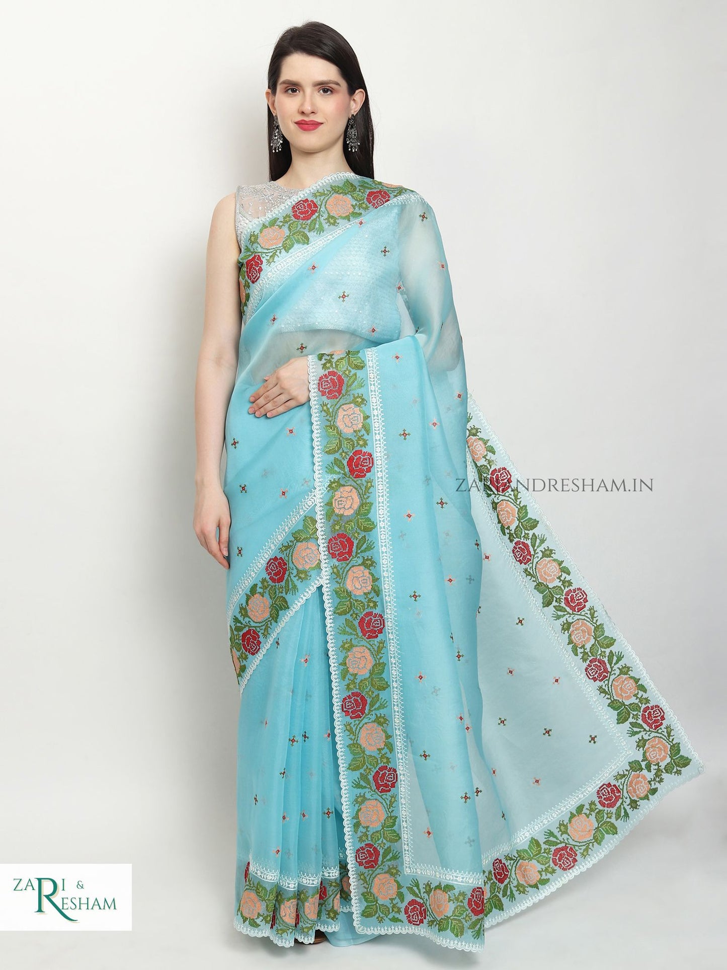 Pure Organza Silk Saree with CrossStitch Border Embroidery Work - Blue