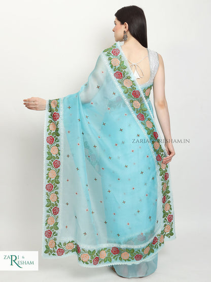 Pure Organza Silk Saree with CrossStitch Border Embroidery Work - Blue