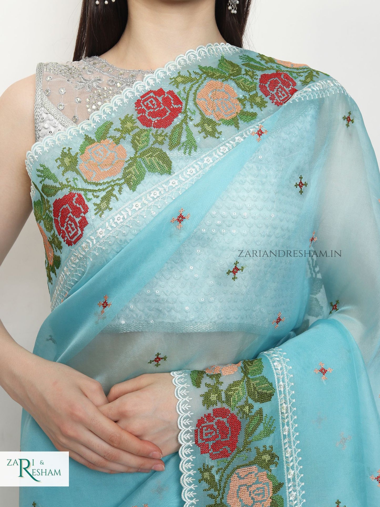 Pure Organza Silk Saree with CrossStitch Border Embroidery Work - Blue