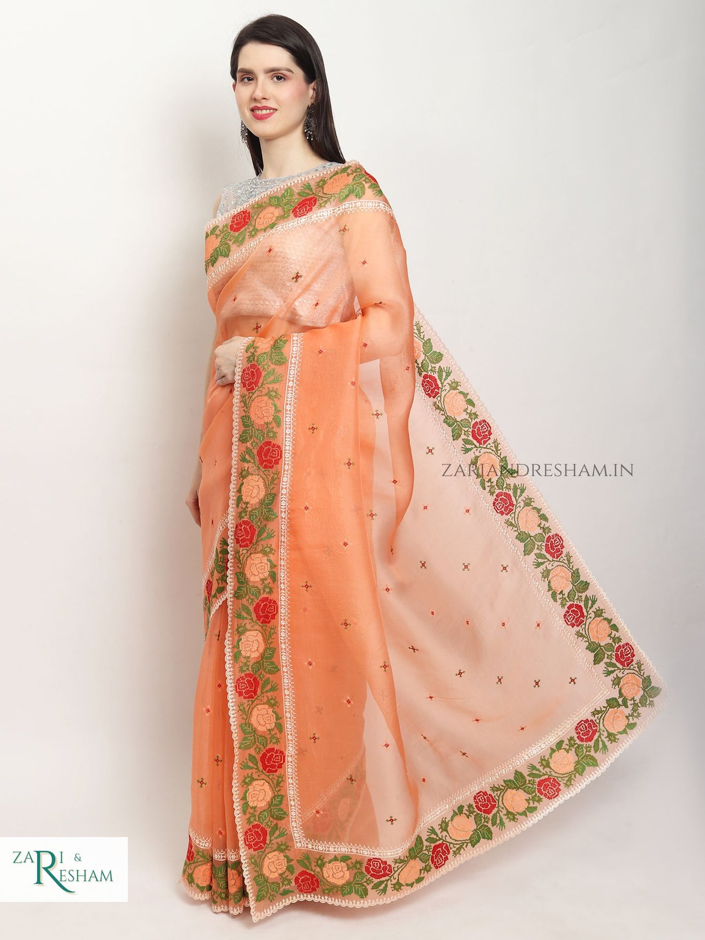 Pure Organza Silk Saree with CrossStitch Border Embroidery Work - Peach