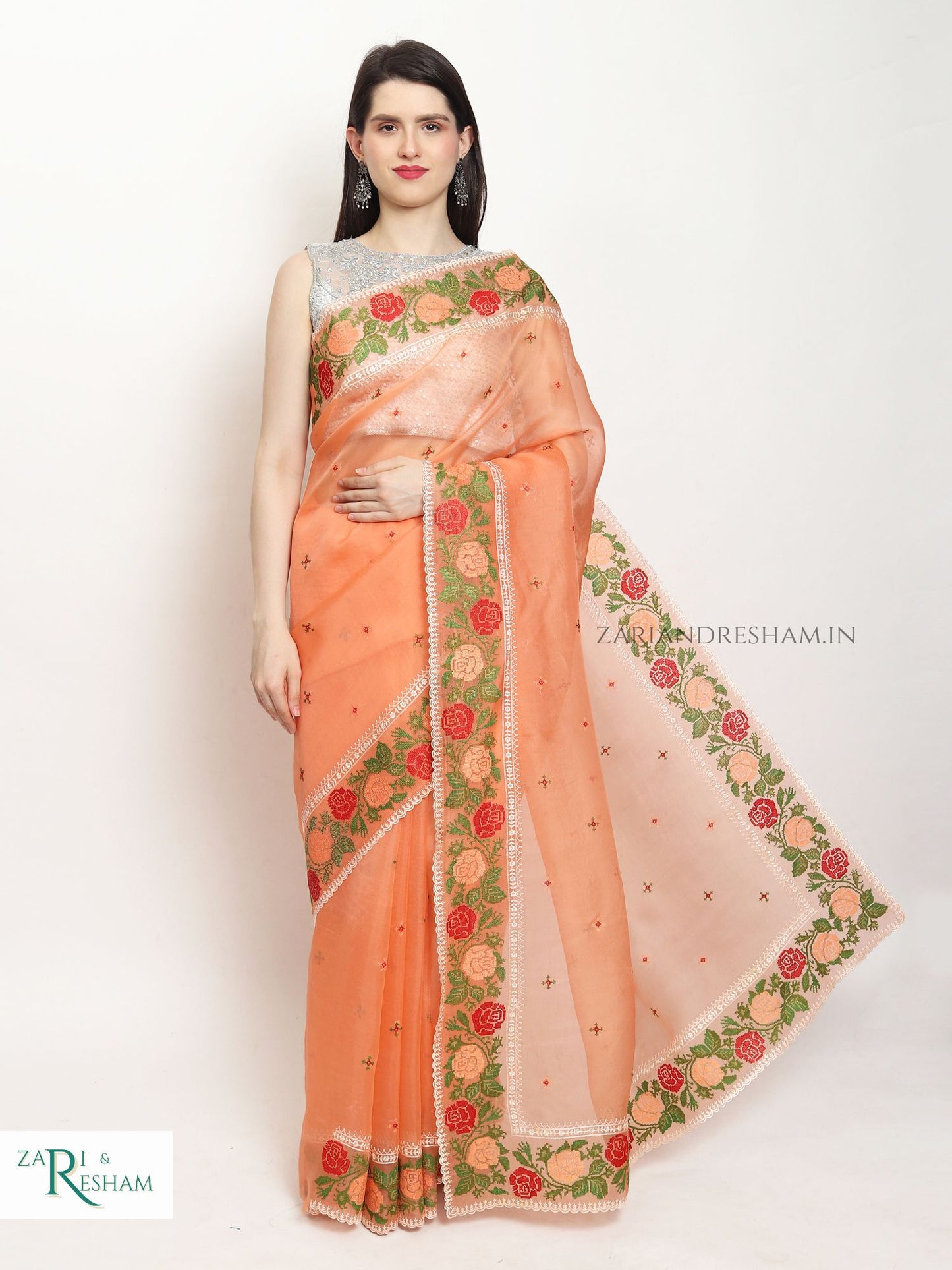 Pure Organza Silk Saree with CrossStitch Border Embroidery Work - Peach