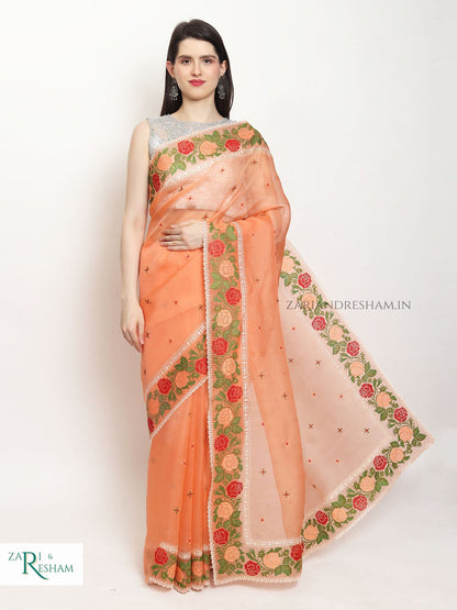 Pure Organza Silk Saree with CrossStitch Border Embroidery Work - Peach