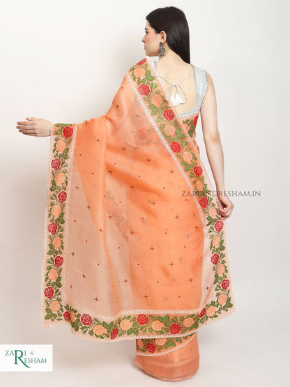 Pure Organza Silk Saree with CrossStitch Border Embroidery Work - Peach