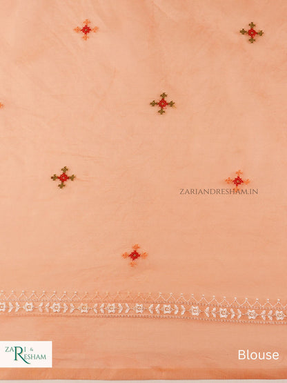 Pure Organza Silk Saree with CrossStitch Border Embroidery Work - Peach