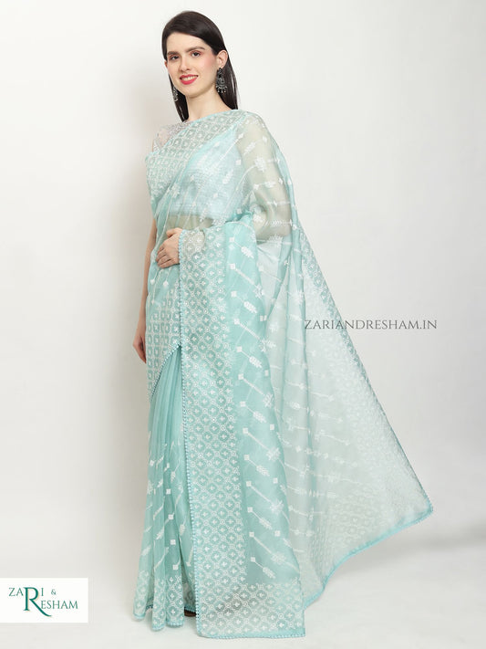 Pure Organza Silk Saree with Beautiful Chikankari Embroidery Work - Sea Green