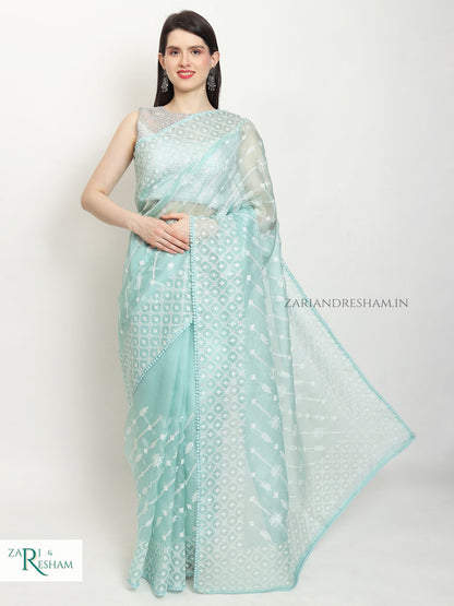 Pure Organza Silk Saree with Beautiful Chikankari Embroidery Work - Sea Green