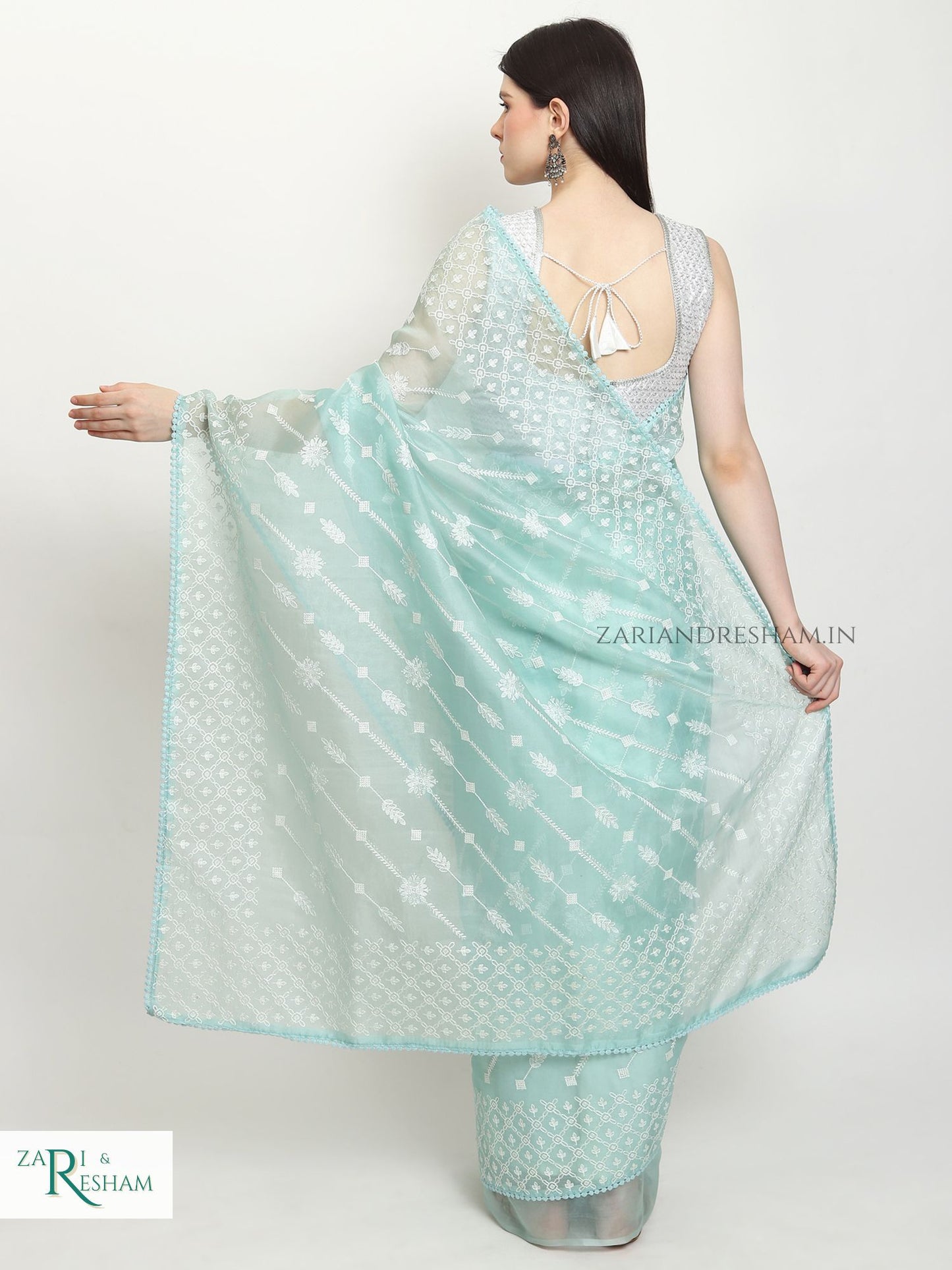 Pure Organza Silk Saree with Beautiful Chikankari Embroidery Work - Sea Green