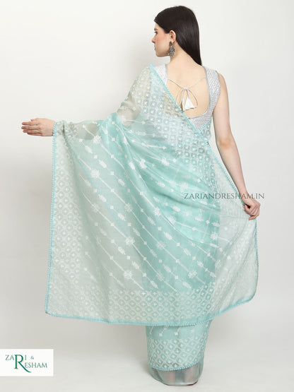 Pure Organza Silk Saree with Beautiful Chikankari Embroidery Work - Sea Green