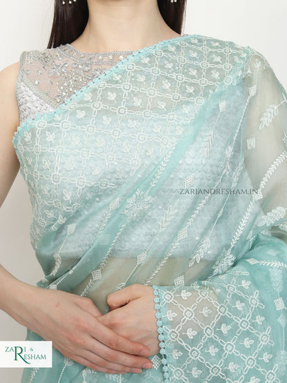 Pure Organza Silk Saree with Beautiful Chikankari Embroidery Work - Sea Green