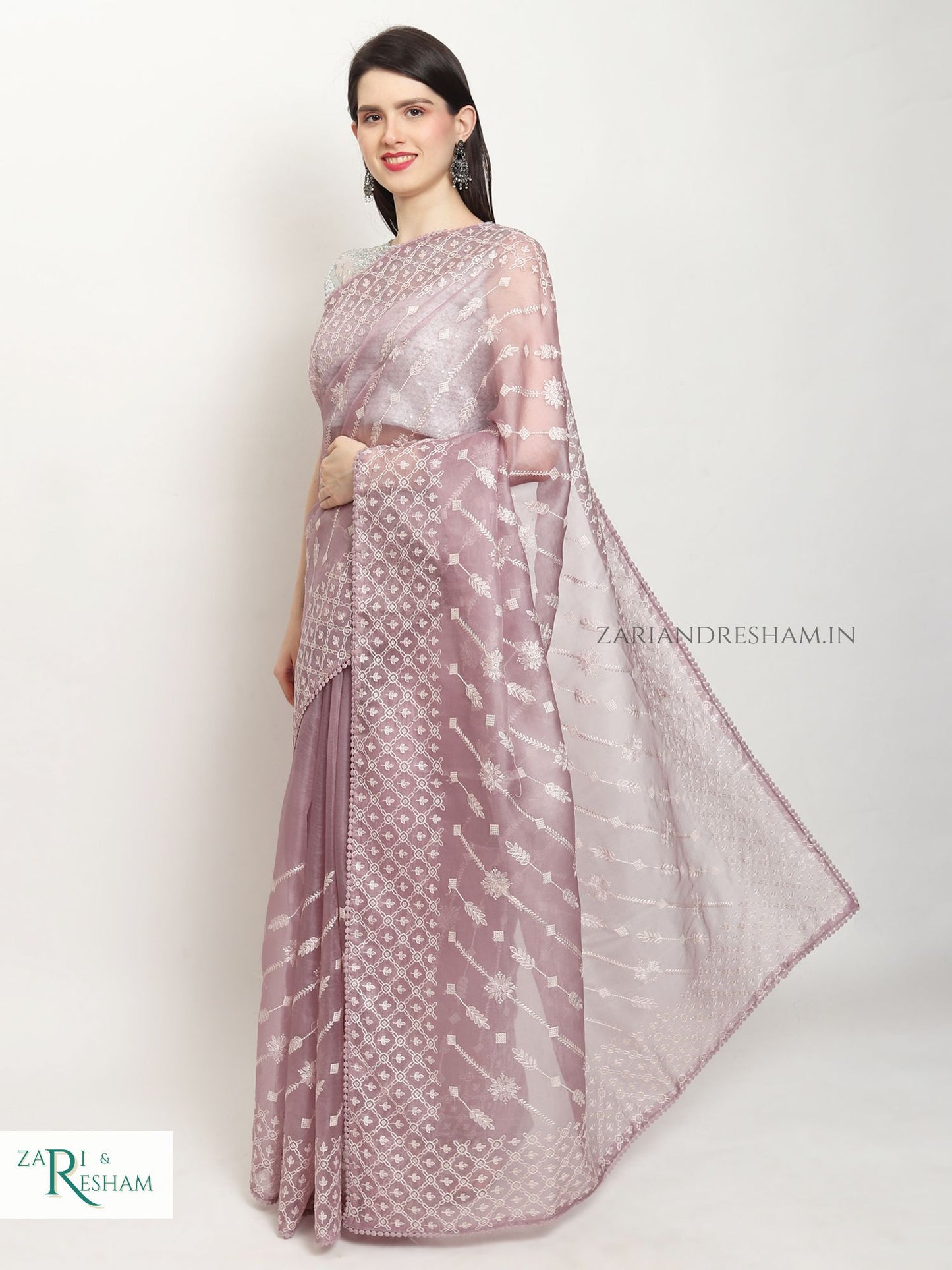 Pure Organza Silk Saree with Beautiful Chikankari Embroidery Work - Dusty Lavender