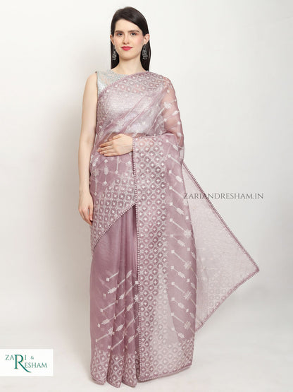 Pure Organza Silk Saree with Beautiful Chikankari Embroidery Work - Dusty Lavender