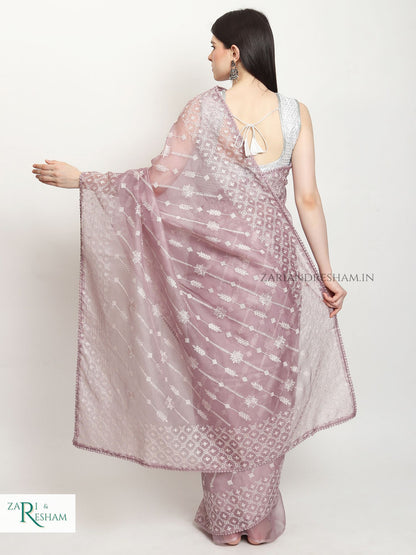 Pure Organza Silk Saree with Beautiful Chikankari Embroidery Work - Dusty Lavender