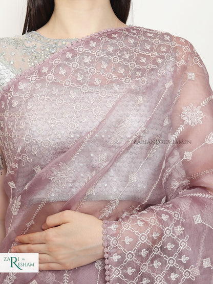 Pure Organza Silk Saree with Beautiful Chikankari Embroidery Work - Dusty Lavender