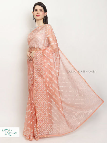 Pure Organza Silk Saree with Beautiful Chikankari Embroidery Work - Peach