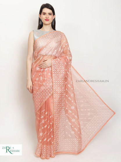 Pure Organza Silk Saree with Beautiful Chikankari Embroidery Work - Peach