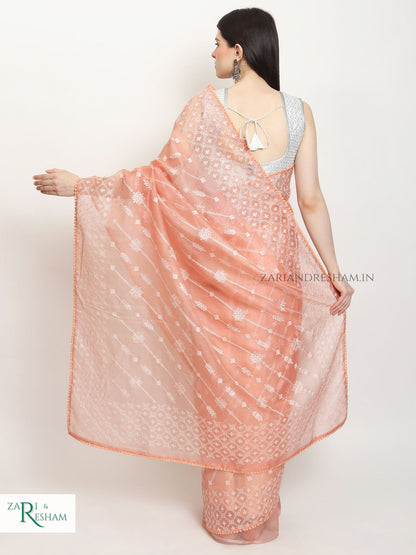 Pure Organza Silk Saree with Beautiful Chikankari Embroidery Work - Peach