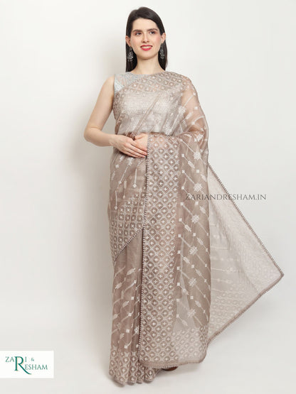 Pure Organza Silk Saree with Beautiful Chikankari Embroidery Work - Mouse Grey