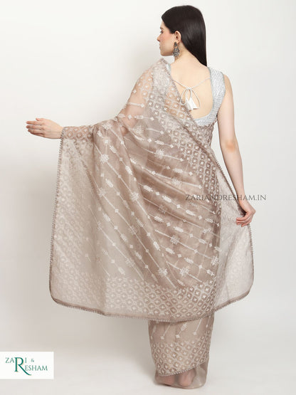 Pure Organza Silk Saree with Beautiful Chikankari Embroidery Work - Mouse Grey