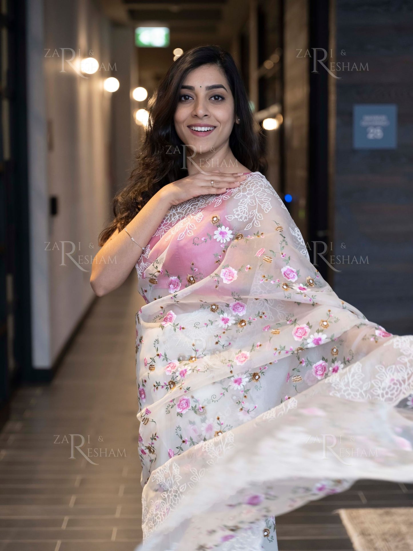 Pure Organza Silk Saree with Floral Jaal and Pearl Embroidery Work with Scalloped Edges - White