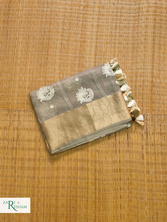 Pure Kora Silk Saree with Banarasi Border & Embroidery Work - Mouse Grey