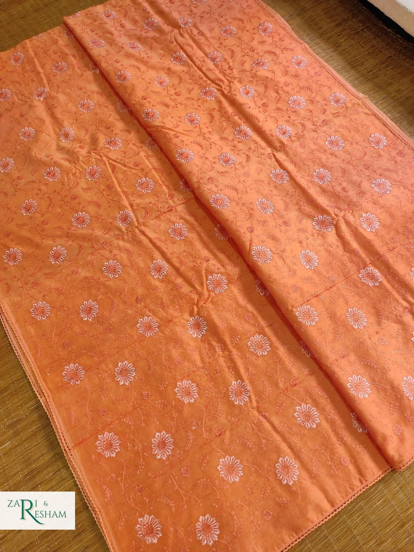 Pure Chanderi Silk Saree with Embroidery Work with Lace - Peach