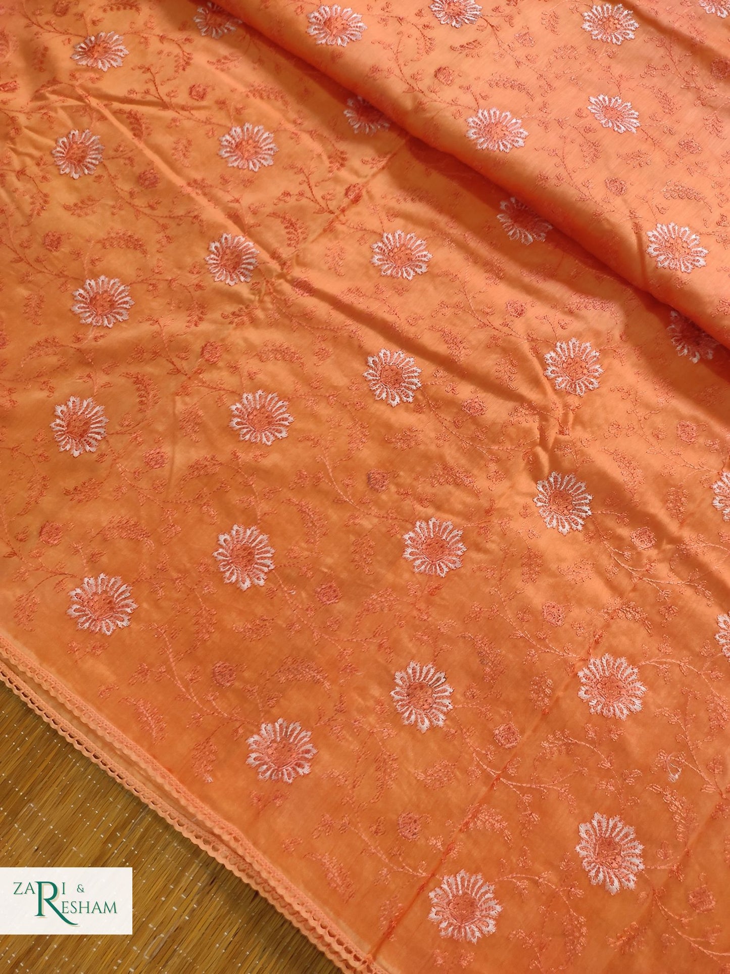 Pure Chanderi Silk Saree with Embroidery Work with Lace - Peach