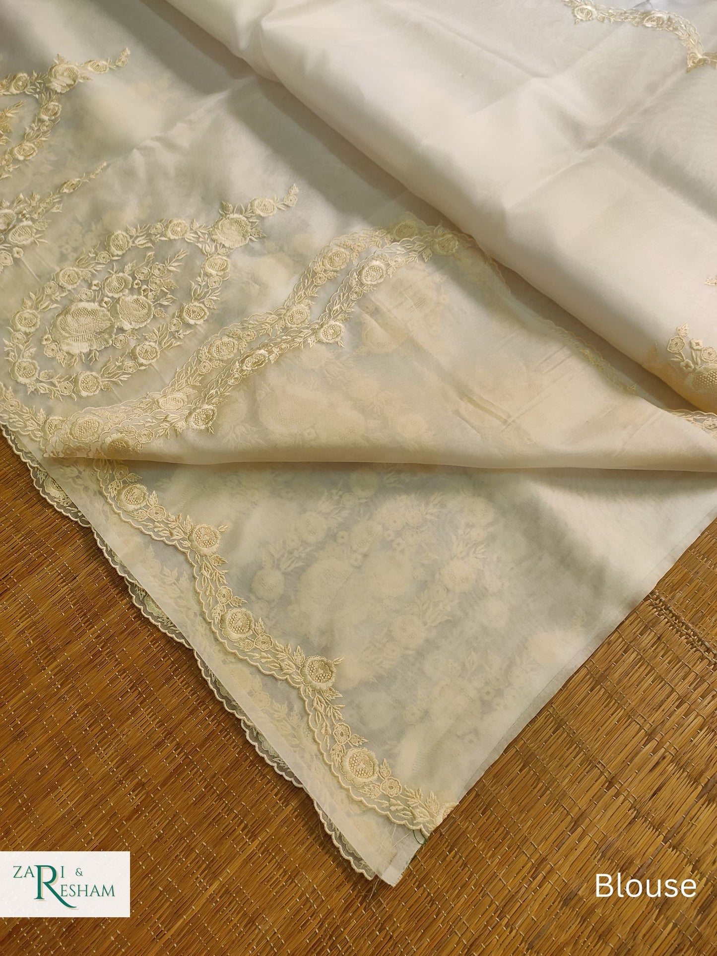 Pure Organza Silk Saree with Buta & Scalloped Edging Embroidery Work - Off White