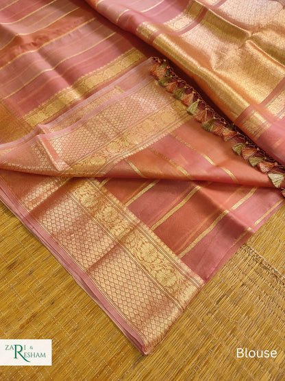 Pure Kora Handloom Silk Saree in Rangkat Dye - Copper