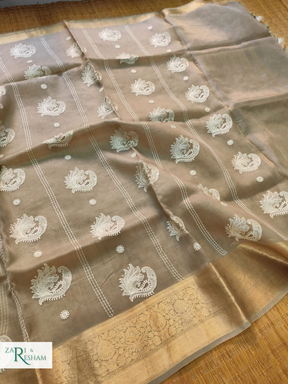 Pure Kora Silk Saree with Banarasi Border & Embroidery Work - Mouse Grey