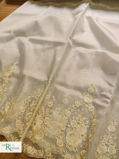 Pure Organza Silk Saree with Buta & Scalloped Edging Embroidery Work - Off White