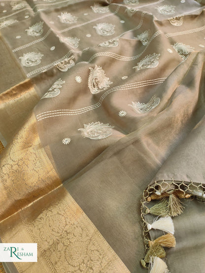 Pure Kora Silk Saree with Banarasi Border & Embroidery Work - Mouse Grey