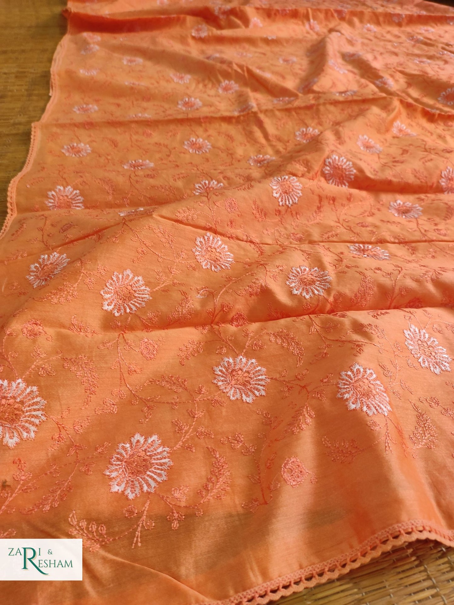 Pure Chanderi Silk Saree with Embroidery Work with Lace - Peach