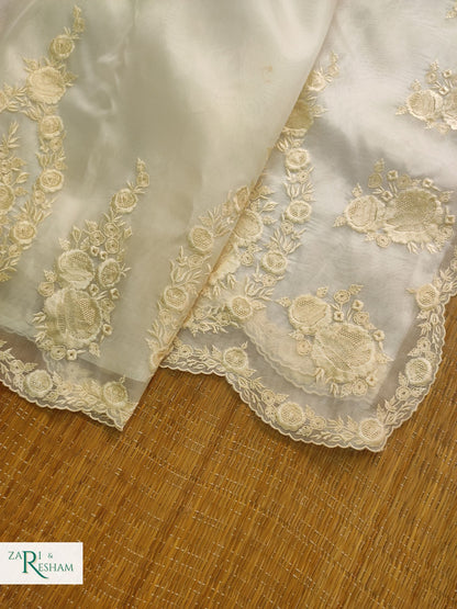 Pure Organza Silk Saree with Buta & Scalloped Edging Embroidery Work - Off White