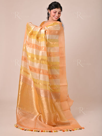 Pure Kora Handloom Kadhuwa Silk Saree with Satin Silk Border in Rangkat Dye - Peach