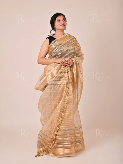 Pure Tissue Silk Sarees with Chinya Stripes - Gold (Natural)