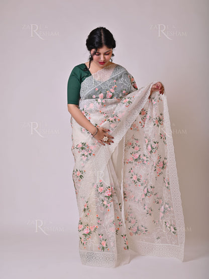 Pure Organza Silk Saree with Pearl and Floral Scalloped Edging Embroidery Work - White