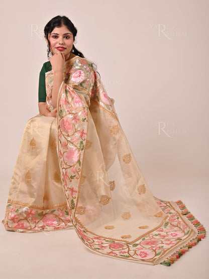 Pure Tissue Silk Saree with Floral Mina Embroidery Work - Gold (Natural)