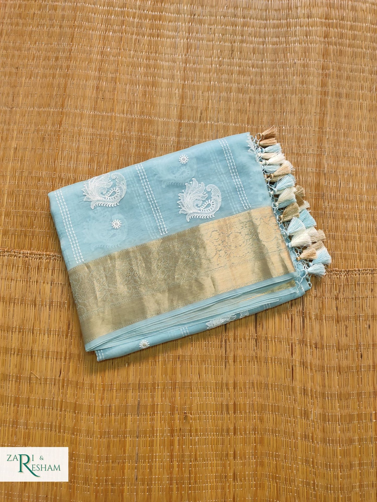 Pure Kora Silk Saree with Banarasi Border & Embroidery Work - Sky Blue