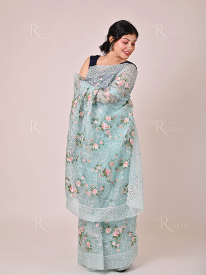 Pure Organza Silk Saree with Pearl and Floral Scalloped Edging Embroidery Work - Blue