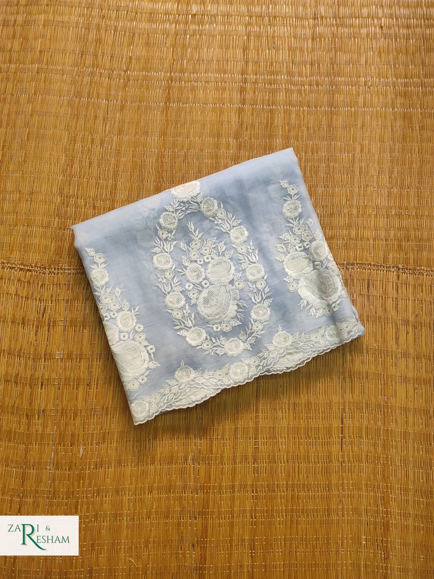 Pure Organza Silk Saree with Buta & Scalloped Edging Embroidery Work - Powder Blue