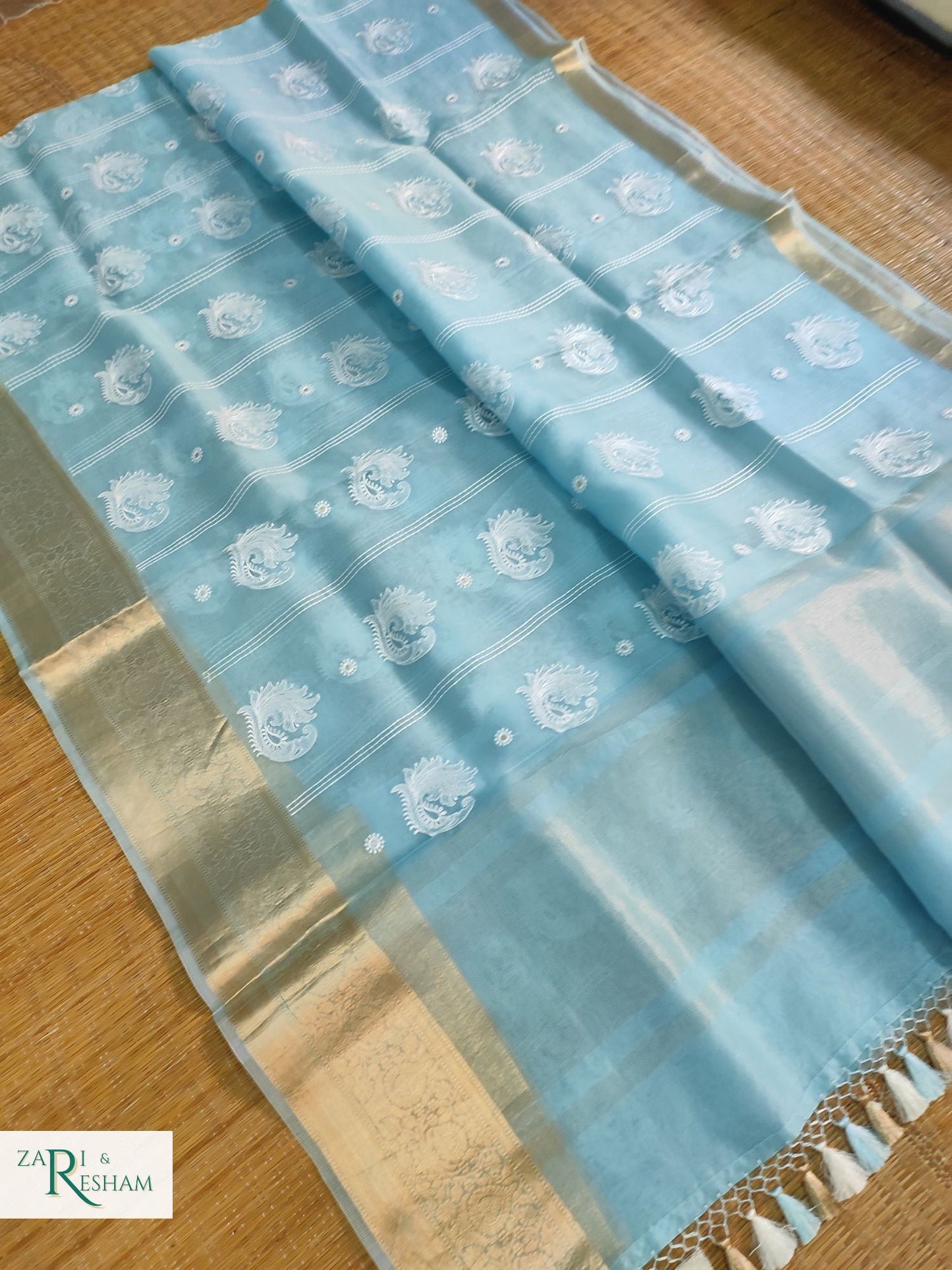 Pure Kora Silk Saree with Banarasi Border & Embroidery Work - Sky Blue