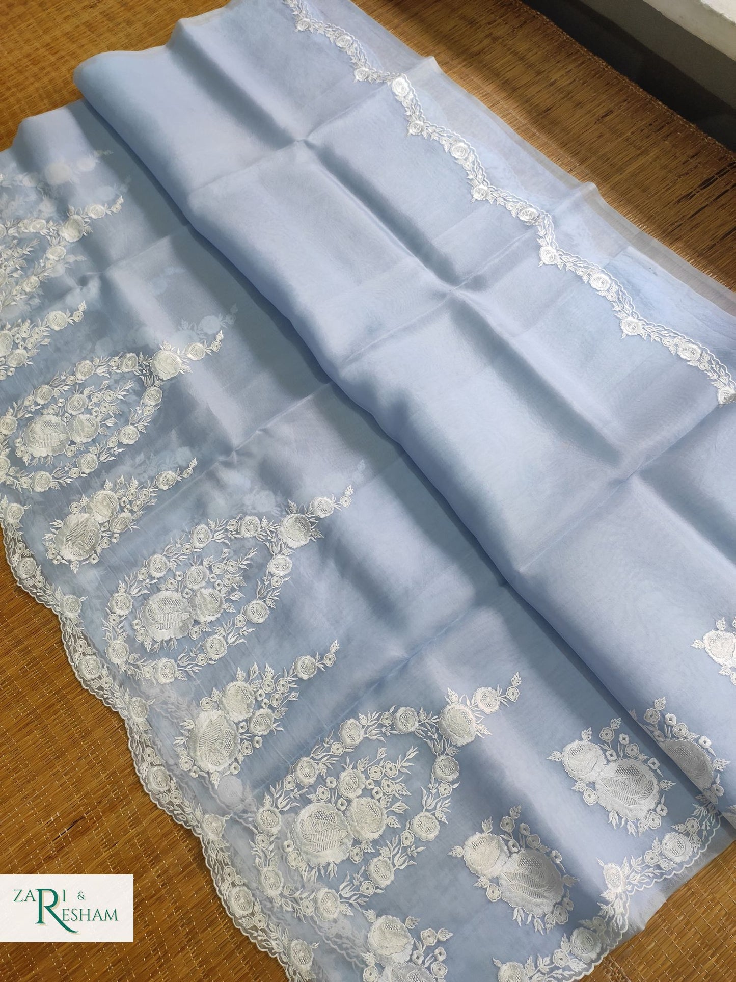 Pure Organza Silk Saree with Buta & Scalloped Edging Embroidery Work - Powder Blue