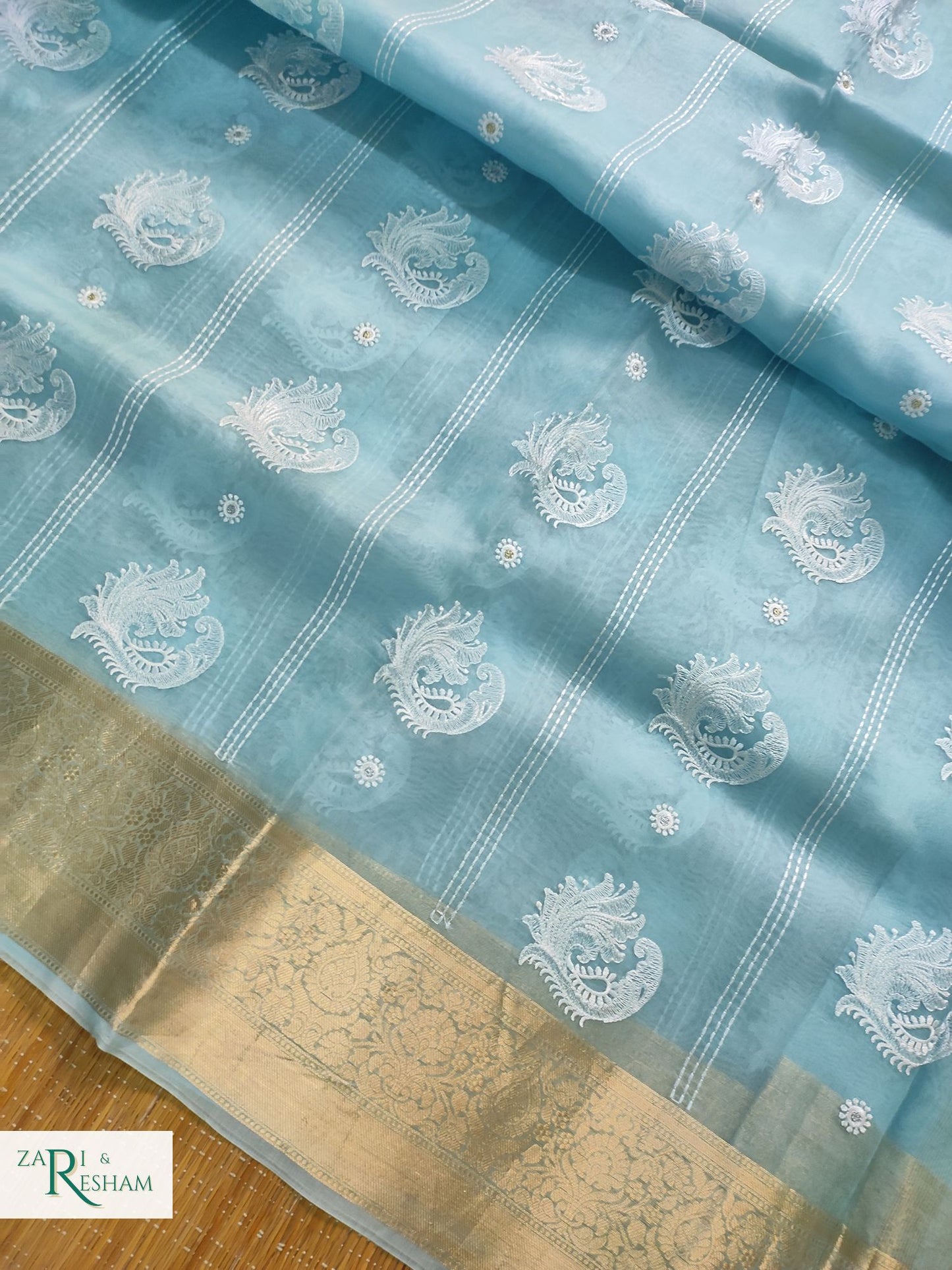 Pure Kora Silk Saree with Banarasi Border & Embroidery Work - Sky Blue