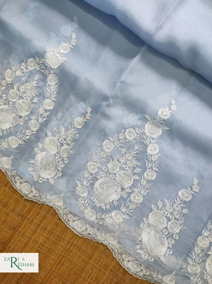 Pure Organza Silk Saree with Buta & Scalloped Edging Embroidery Work - Powder Blue